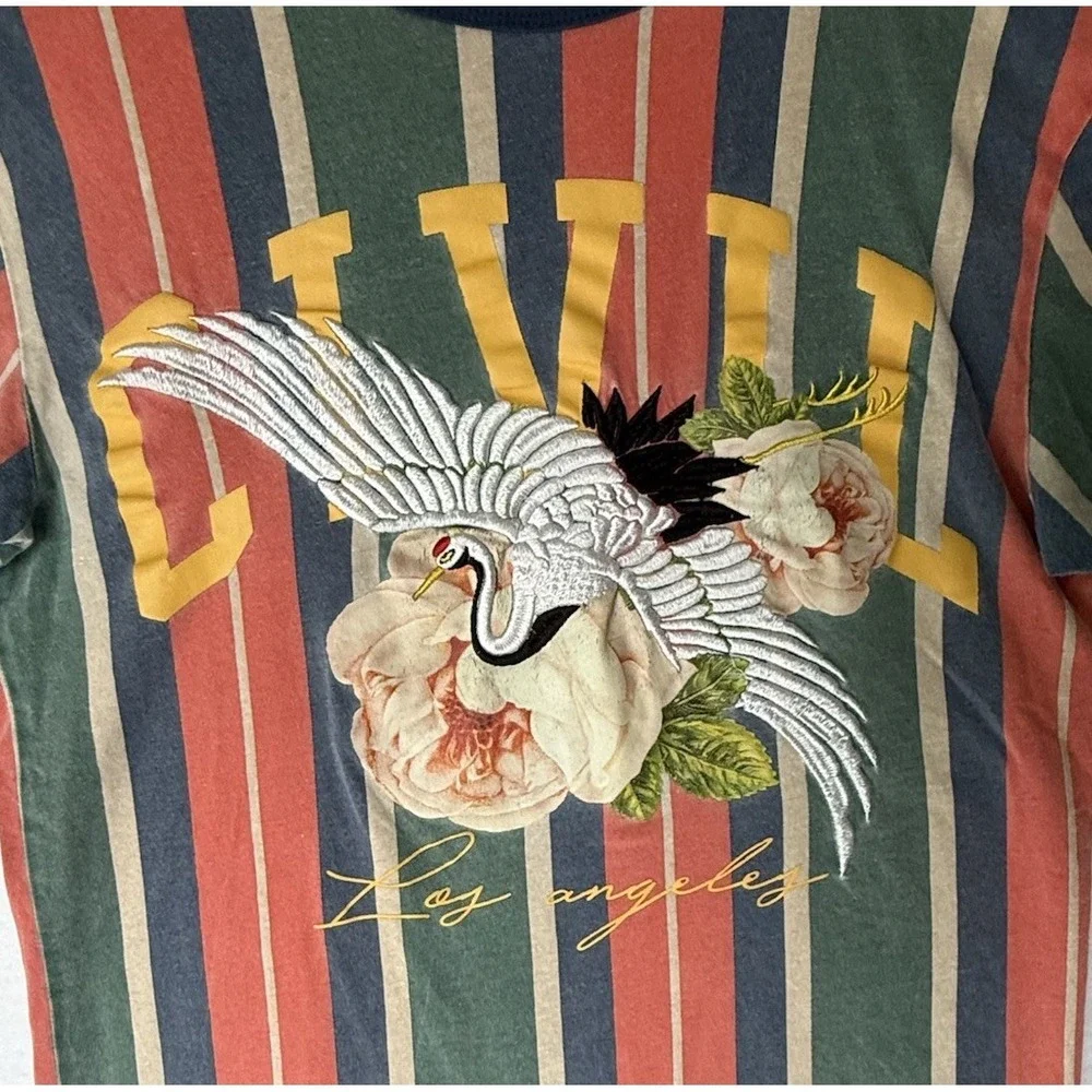 Civil Regime Stripe T-Shirt Bird Crane Roses LA Floral Los Angelas Cotton‎ Small
